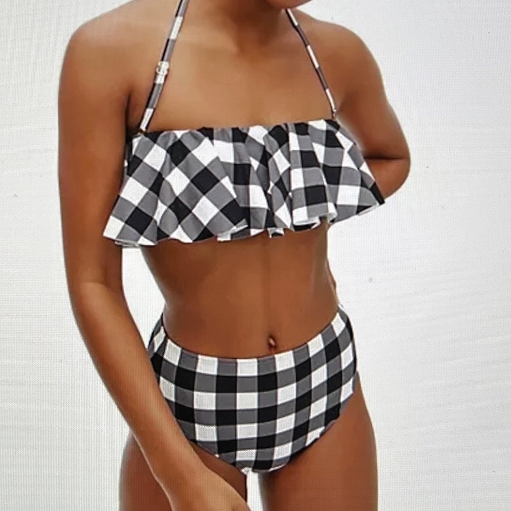 Kate Spade New York Shoreline Plaid High-Waist Bikini Bottom Black/White L , NWT - Picture 8 of 9